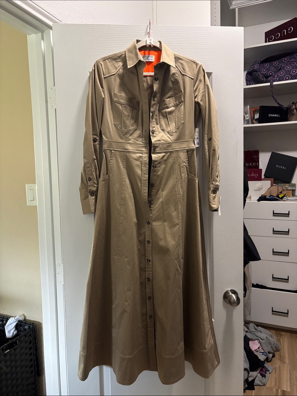 Upland Bespoke Button-Front Long Sleeve Shirt Dress in Khaki - Women